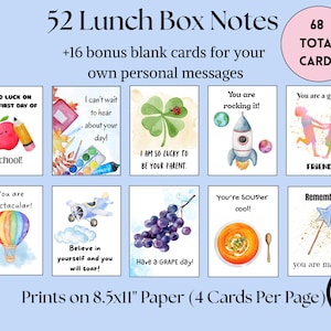 Może przedstawiać: Zestaw 52 karteczek do lunchboxa z kolorowymi akwarelowymi ilustracjami i pozytywnymi wiadomościami. Zawiera dodatkowe puste karty. Karty przedstawiają obrazy jabłka, rakiety, balonu na ogrzane powietrze i inne. Drukowane na papierze 21,6 x 27,9 cm.