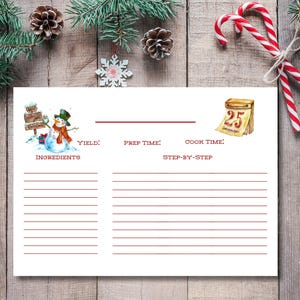 May include: A Christmas-themed recipe card with a snowman illustration, a calendar showing December 25, and space for ingredients and instructions. The card is decorated with pine branches, snowflakes, and candy canes.