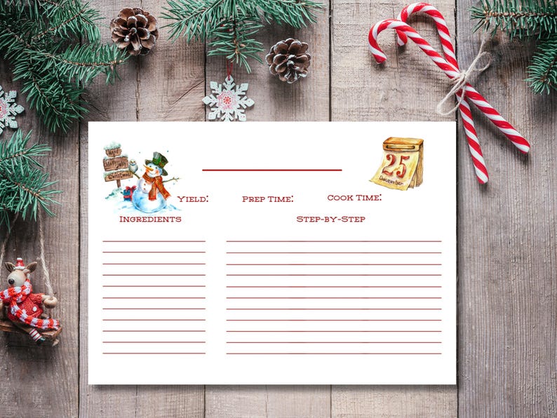 May include: A Christmas-themed recipe card with a snowman illustration, a calendar showing December 25, and space for ingredients and instructions. The card is decorated with pine branches, snowflakes, and candy canes.