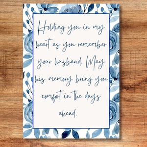 Carte de condoléances pour la perte de son mari, carte de condoléances florale bleue et blanche avec enveloppe imprimable en prime, carte de soutien en cas de deuil, carte de soutien