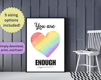 Arte mural Corazón Arcoíris Póster LGBTQ imprimible para el Orgullo Gay Regalo Decoración de cubículo Arte Queer Decoración de oficina Cita de pensamiento positivo