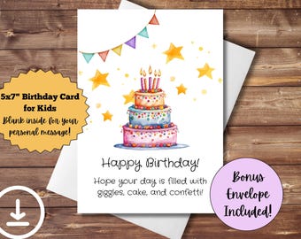 May include: A birthday card for kids with a watercolor illustration of a three-tiered cake with lit candles. The card is 5x7 inches and includes the text "Happy Birthday!" and "Hope your day is filled with giggles, cake, and confetti!"