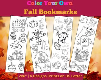 以下が含まれることがあります： カボチャ、かかし、葉、そして「happy fall」の文字など、さまざまなデザインが施された、白黒の秋をテーマにした4つのブックマーク。 各ブックマークは5 x 15 cmで、色を塗ることができます。