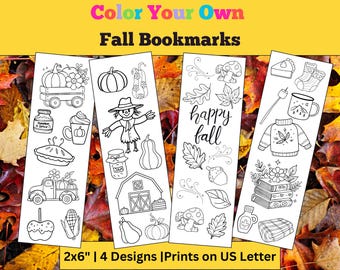 以下が含まれることがあります： カボチャ、かかし、葉、そして「happy fall」の文字が描かれた、白黒の秋をテーマにした4つのブックマーク。 ブックマークのサイズは5 x 15 cmで、色を塗るようにデザインされています。