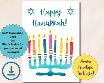 Hanukkah Card Turquoise Menorah with Vibrant Candles Magen David Download for Family and Friends 5x7&quot; Greeting Printable Foldable Envelope