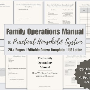 May include: A family operations manual with the title "Family Operations Manual: a Practical Household System". The manual includes over 20 pages and is an editable Canva template. The text "Type Directly in Canva, No Pro Account Needed" is also visible.