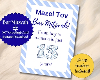 Funny Bar Mitzvah Card Printable 5x7 Jewish Mitzvah Greeting Card with Envelope Mazel Tov Wishes for Jewish Coming of Age Milestone PDF