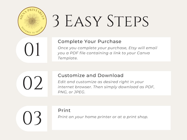 May include: A graphic with the text "3 EASY STEPS" and instructions for completing a purchase, customizing, and printing. The steps are numbered 01, 02, and 03. The Siena Printables logo is in the upper left corner.