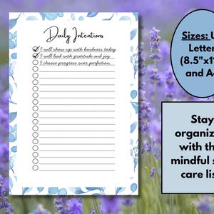 May include: Printable daily intentions checklist with a blue floral design. The checklist includes prompts such as "I will show up with kindness today" and "I choose progress over perfection". The printable is available in US Letter (8.5" x 11") and A4 sizes.