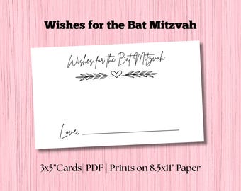 May include: A white card with the text "Wishes for the Bat Mitzvah" in black script. Below the title is a decorative design of leaves and a heart. The word "Love," is written at the bottom, followed by a line for a signature. The card is on a pink background.