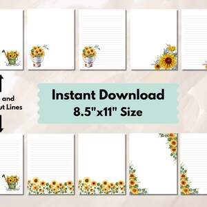 Könnte beinhalten: Weiße Briefpapierbögen mit Sonnenblumenmotiven. Einige Blätter sind liniert, andere sind leer. Der Text "Instant Download" und "8,5"x11" Size" werden angezeigt. Das Briefpapier zeigt Aquarellillustrationen von Sonnenblumen und Gießkannen.