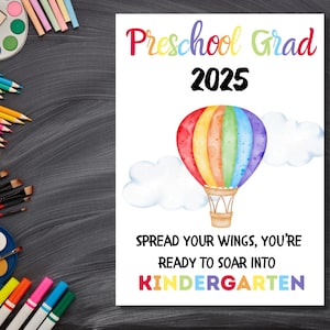Envelope dobrável para impressão, cartão de balão de ar quente, formatura pré-escolar, cartão de formatura pré-escolar para impressão, cartão Soar Into Kindergarten,