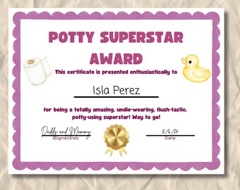 Potty Training Certificate Pink Printable Superstar Toddler Award for Preschool Potty Milestone PDF Preschool Bathroom Independence Gift