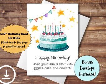 May include: A 5x7" birthday card for kids with a watercolor illustration of a cake with candles, surrounded by stars and a banner. The card reads "Happy Birthday!" and includes a bonus envelope.