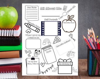 Página para colorear "Todo sobre mí": Hoja de trabajo imprimible para el regreso a clases, actividad para romper el hielo en el primer día de clases, educación en el hogar y el aula, 8.5 x 11 PDF