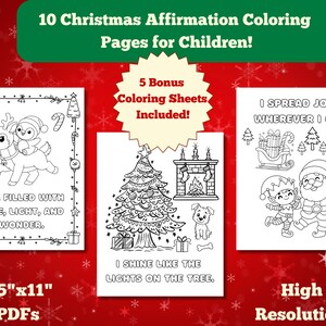 Könnte beinhalten: Ein Set von Malvorlagen zum Thema Weihnachten für Kinder. Das Bild zeigt drei Beispielseiten mit festlichen Illustrationen, darunter ein Rentier mit einem Pinguin, ein Weihnachtsbaum und der Weihnachtsmann mit einem Elf. Der Text lautet "10 Weihnachts-Affirmations-Malvorlagen für Kinder!" und "8,5"x11" PDFs".