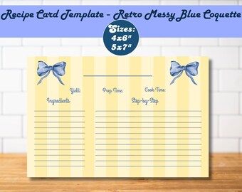 May include: A recipe card template with a retro design. The card features a yellow and white striped background, blue bow illustrations, and text fields for ingredients, prep time, and cooking instructions. The card is available in 4x6 and 5x7 inch sizes.