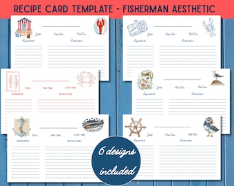 May include: Recipe card template with a fisherman aesthetic. The cards feature illustrations of nautical elements like a lobster, crab, and anchor. The text "RECIPE CARD TEMPLATE - FISHERMAN AESTHETIC" is at the top. Six designs are included.