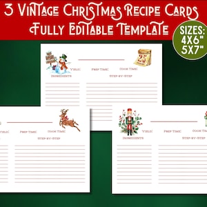 Vintage Christmas Recipe Card Template Editable in Canva 3 Holiday Recipe Card Designs Customizable 4x6 & 5x7 Printable Host Gift Christmas image 1