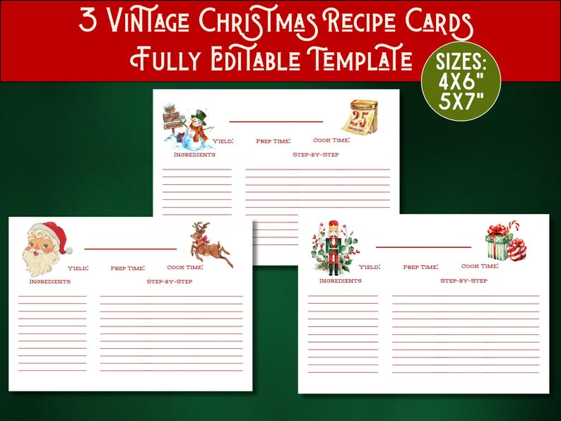 Vintage Christmas Recipe Card Template Editable in Canva 3 Holiday Recipe Card Designs Customizable 4x6 & 5x7 Printable Host Gift Christmas image 1