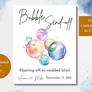 Bubble Send Off Sign Printable Newlywed Send Off Sign Modern Minimalist Wedding Sign Editable Canva Template Floating Off to Wedded Bliss”