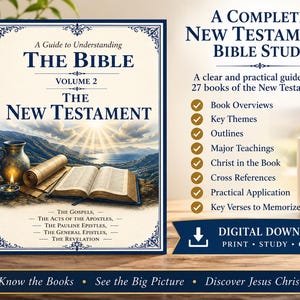May include: A digital download guide titled A Guide to Understanding The Bible Volume 2 The New Testament. The cover features an open book, a scroll, and a pitcher against a landscape. Text lists book overviews, themes, and outlines.