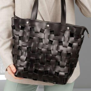 Black Leather Tote Bag | Medium leather shoulder tote bag | Unique Everyday Purse | Gift for Her