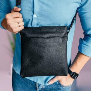 Men&#39;s Leather Shoulder Bag | Casual Crossbody Messenger Bag | Black Leather Messenger Bag for Men | Organizer Satchel | Father&#39;s Day Gift