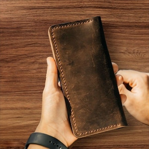 Cartera larga de cuero para hombre / Cartera con monedero / Cartera larga y delgada para él / Cartera de cuero para hombre hecha a mano