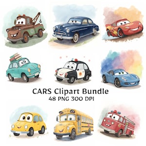 Watercolor Cartoon Cars Clipart Racing Car Art, Kids Decor (PNG Digital Download)