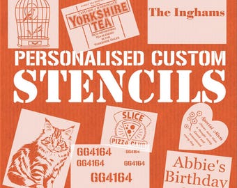 May include: An orange background features various white stencils. Designs include a bird in a cage, a Yorkshire Tea label, a cat, a pizza slice, and text that reads "The Inghams" and "Abbie's Birthday Crew". The words "PERSONALISED CUSTOM STENCILS" are also displayed.