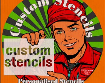 May include: A retro-style graphic featuring a smiling man in a red cap and jacket, holding a sign that reads "custom stencils." The background is a circular design with green and black stripes and the words "Custom Stencils" in a curved font.
