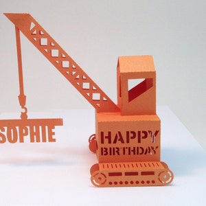 carte popup grue personnalisée en orange et nom de votre choix