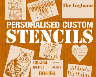May include: An assortment of personalized custom stencils on an orange background. Stencils include text like "Yorkshire Tea", "The Inghams", "Slice Pizza Club", and "Abbie's Birthday Crew". Other stencils feature a cat, birdcage, and the text "Special Mum".