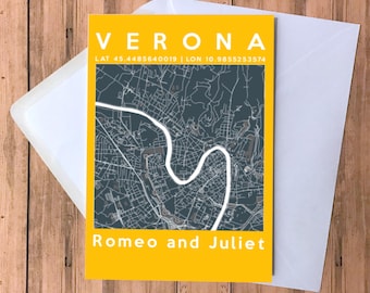 May include: A yellow card with a black and white map of Verona, Italy. The text "VERONA" is in white at the top of the card. The text "LAT 45.4485640019 | LON 10.9855233574" is in white below the city name. The text "Romeo and Juliet" is in white at the bottom of the card.