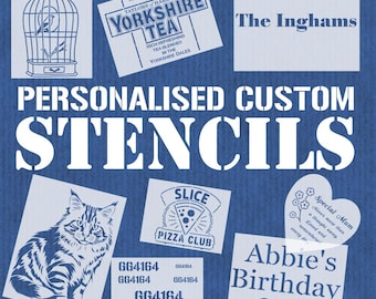 May include: A collection of white stencils on a blue background. Designs include a bird in a cage, a cat, text that reads "Yorkshire Tea", "Slice Pizza Club", and "Abbie's Birthday Crew". The text "Personalised Custom Stencils" is also present.