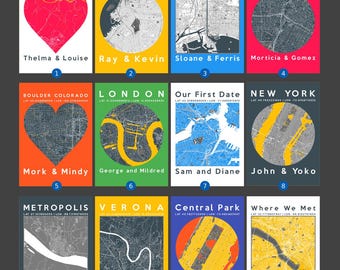 May include: A collage of 12 colorful posters with maps of different cities and locations. Each poster features a heart or circle shape with a map inside, and a couple's name below. The posters are numbered 1 through 12.