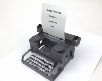 personalised, typewriter, popup  card with keys