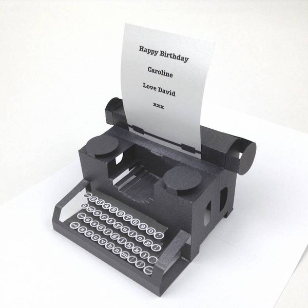 personalised, typewriter, popup  card with keys