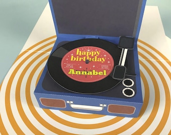 Personalised Vintage Record Player Pop Up Card, 60s Style, Birthday Anniversary Wedding Greeting