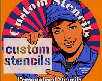 May include: A retro-style illustration featuring a woman in a blue cap and jacket holding a sign that says "custom stencils." The background is a circular design with red and blue stripes. The text "Personalised Stencils from your design" is also visible.
