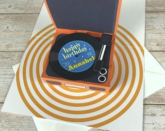 Hand Assembled Vintage Record Player Pop Up Card, 60's Style, Birthday Anniversary Wedding Occasion