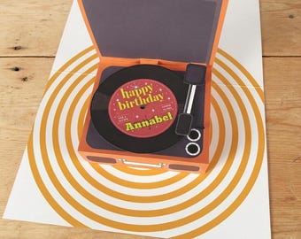 Personalised Vintage Record Player Pop Up Card, 60s Style, Birthday Anniversary Wedding (Hand Assembled)