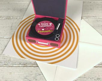 Personalised Vintage Record Player Pop Up Card, 60s Style Anniversary Greeting