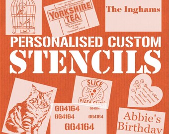 May include: An orange background features various white stencils. Designs include a bird in a cage, a Yorkshire Tea label, "The Inghams", a cat, a pizza slice, and a heart with text. The words "PERSONALISED CUSTOM STENCILS" are prominently displayed.