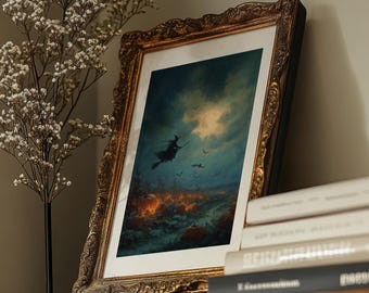 Witch Flying Over Pumpkin Patch Art Print – Halloween Wall Decor, Spooky Autumn Witch Artwork, Full Moon & Bats Fall Print