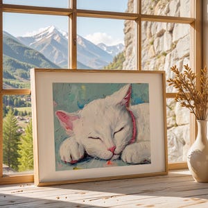 White Cat Sleeping – Acrylic Painting on Canvas, White Kitten Wall Art, Pink Collar Cat Art Print, Pet Lover Gift, Cat Portrait Decor