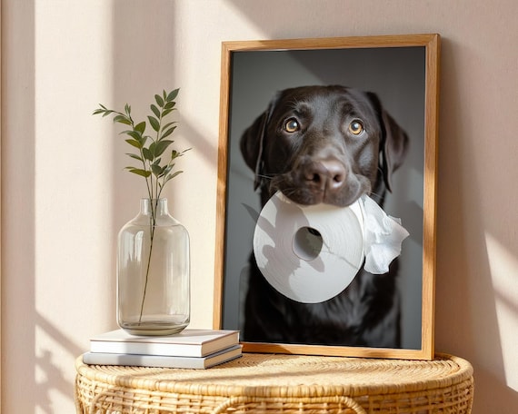 Chocolate Lab Dog with Toilet Paper – Funny Labrador Bathroom Wall Art Print, Gag Gift for Dog Lovers, Cute Chocolate Labrador Decor