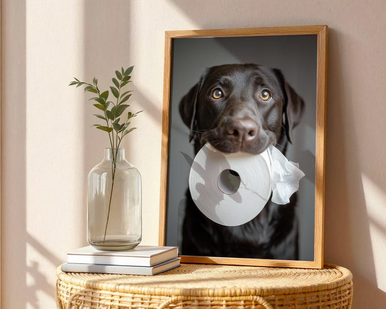 Puede incluir: Impresi&oacute;n enmarcada de un Labrador Retriever color chocolate sosteniendo un rollo de papel higi&eacute;nico blanco en la boca. El perro tiene una expresi&oacute;n concentrada. La impresi&oacute;n est&aacute; en un marco de madera.
