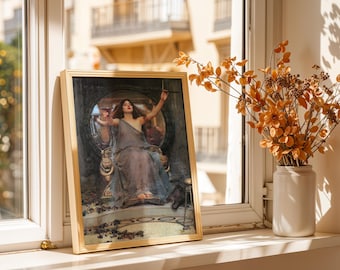 May include: A framed print of a classical painting featuring a woman in a flowing gown, seated on a throne. The artwork is displayed on a windowsill, next to a vase of orange-toned dried flowers. The frame is a light wood color.